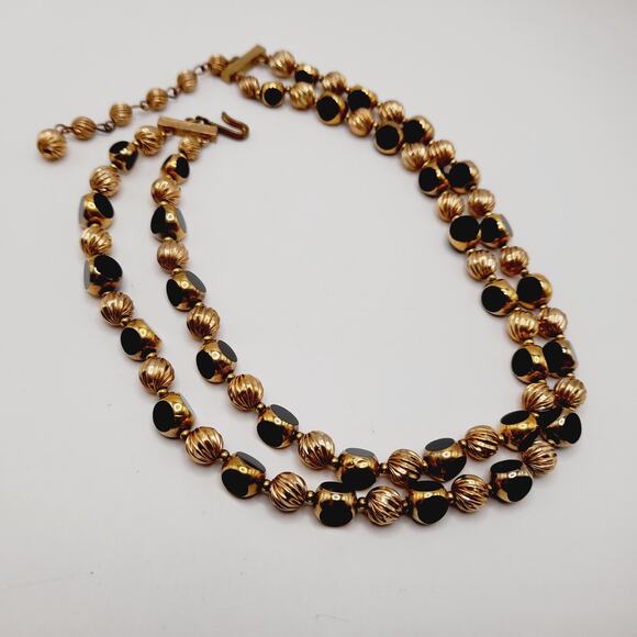 Vintage Two Strand Gold Plated & Black Bead Necklace 16” including Extender - Picture 7 of 13